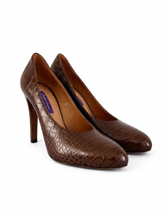Ralph Lauren Purple Label Darlene Embossed Calfskin Brown Leather‎ Pumps